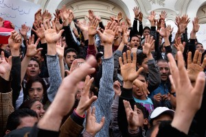 © Patrick Zachmann/Magnum Tunisia, Tunis, april 01. Avenue Bourguiba. Demonstration against the current prime minister, BÈgi Kaied Sebssi, in front of the Municipal Theater