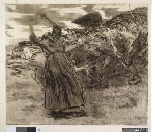 Losbruch - Déclenchement - feuillet 5 du cycle Bauernkrieg - Guerre des paysans - Käthe Kollwitz 1902-1903 - Exposition Soulèvements au Jeu de Paume